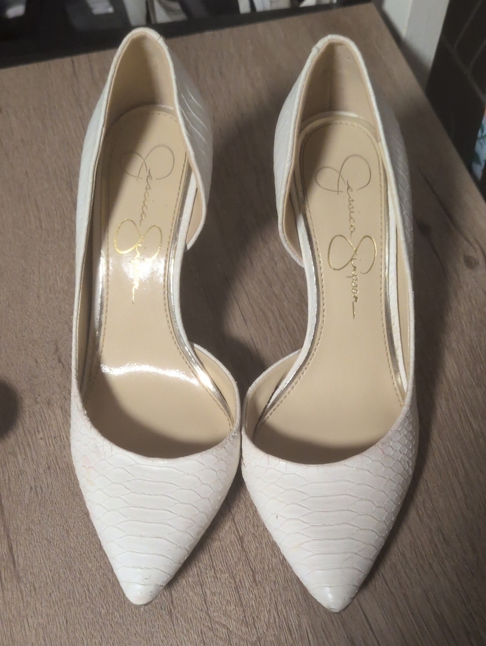 Jessica Simpson Cream Faux-Snakeskin Pointed-Toe D'Orsay Pumps